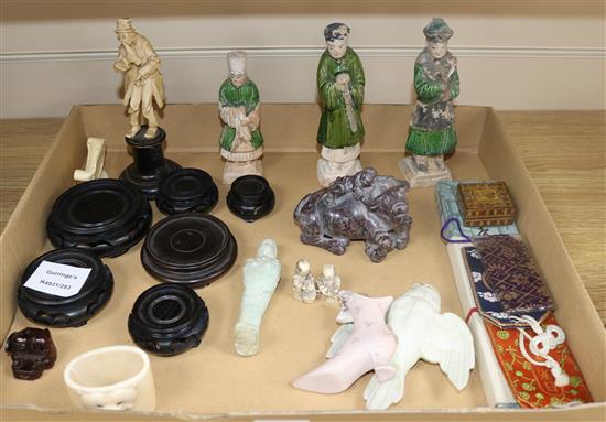 A collection of assorted ceramics and curios including three Chinese pottery figures and a carved soapstone buffalo